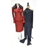 DONNA KARAN; a blue jumpsuit, size US 12, and a Donna Karan red wool fur trimmed jacket and skirt,
