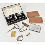 Three cigarette cases, two hand pull corkscrews, a Ronson lighter, a plated cruet set, etc.