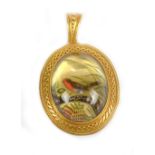 A fine Victorian Essex Crystal intaglio pendant in yellow metal beadwork decorated oval frame and