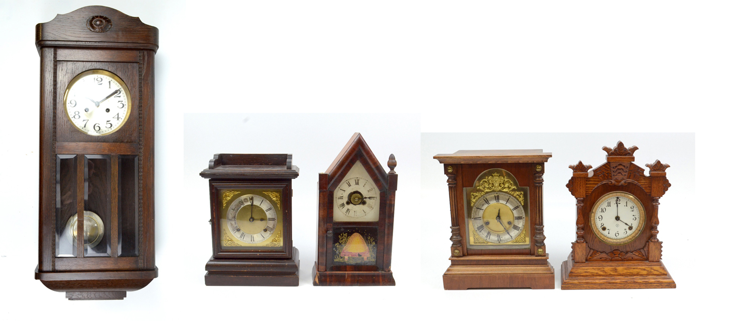 Four mantel clocks including two Ansonia Clock Co examples (for restoration), and an early 20th