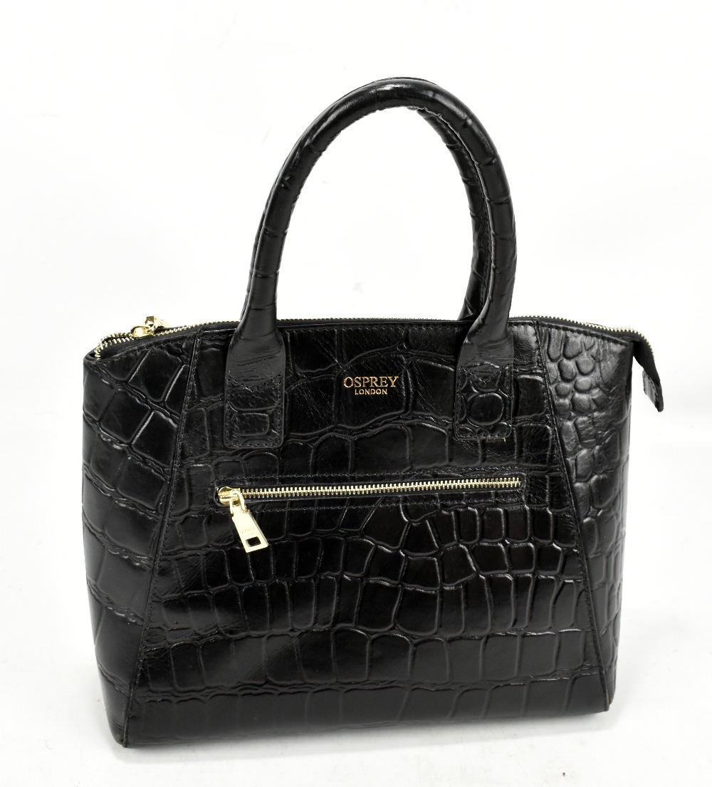 OSPREY; a black croc embossed leather handbag with gold-tone top zip and hardware, 32 x 25 x 13cm.