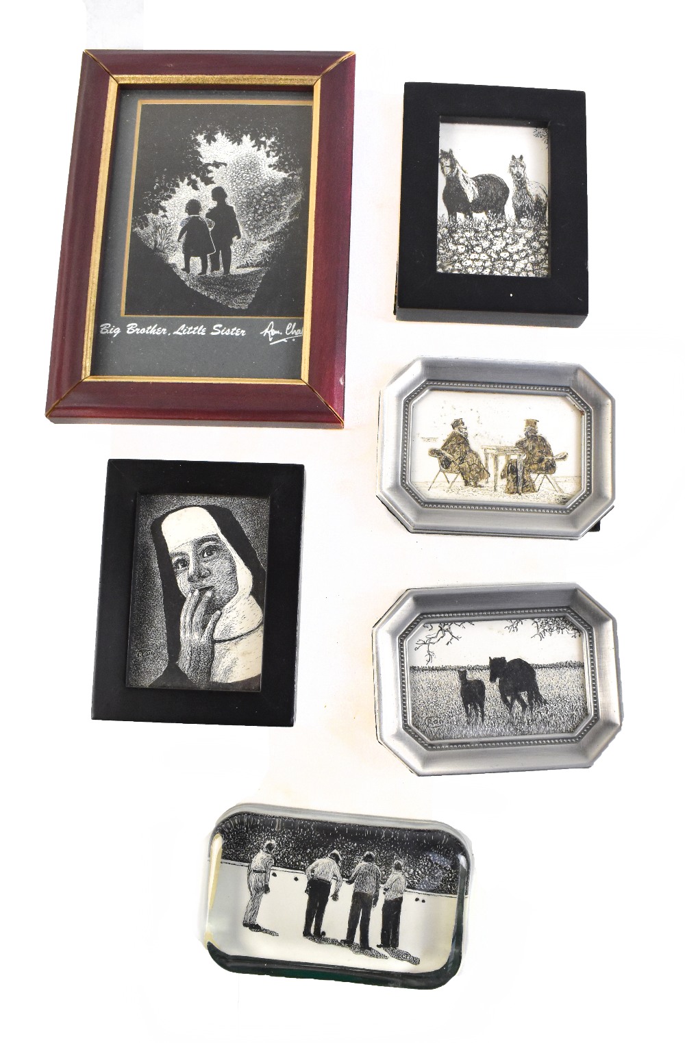 RONALD CHALLEN; six mixed media figural and equine sketches, one set in paperweight, the others