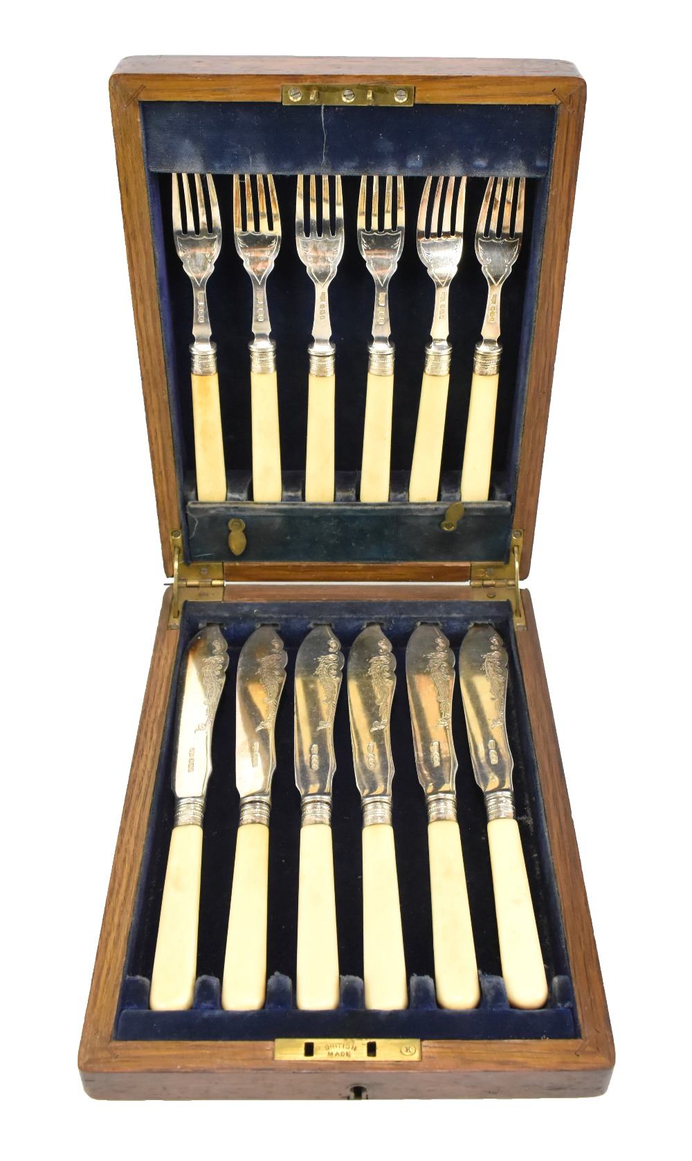 B WORTH & SONS; a cased George V hallmarked silver fish set comprising six knives and forks with