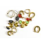 Eight pairs of earrings, including coral bead examples and hoops, also a seed pearl brooch (with