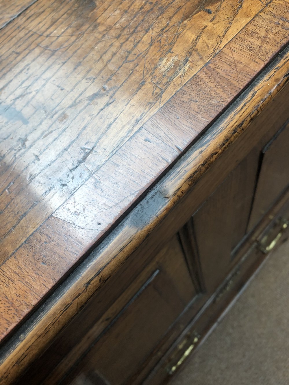 An 18th century oak coffer, with panelled decoration to front above two base drawers, raised on - Image 4 of 6