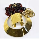 JAEGER; a gold toned metal cuff and matching collar, a faux tortoiseshell plastic chain necklace,