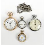 A 9ct yellow gold fob watch (af), a gold plated open face pocket watch, a small silver fob watch,