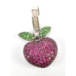 THEO FENNELL; an 18ct white gold pendant set with diamonds, emeralds and rubies in form of an apple,