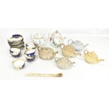 A collection of 18th century and later porcelain including two hand painted teapots of bulbous form,