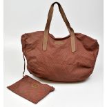 GUCCI; a large canvas red and green striped shopper, with red cotton lining, tan leather straps, and