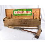 JAQUES; a vintage boxed croquet set with two additional distressed mallets.