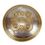 Early 19th century Indian shield (dhal), with five rounded half cut spheres, snake and gold inlay,