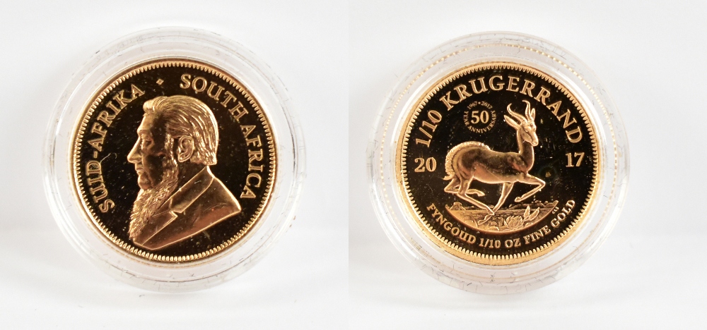 A 1/10oz proof Krugerrand, 2017, encapsulated, with certificate of authenticity and boxed.