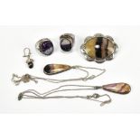 A group of Derbyshire fluorspar 'Blue John' and white metal set jewellery comprising a brooch, two