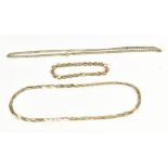 A 9ct yellow gold three tone flat link necklace, a 9ct yellow gold flat link chain and a 9ct