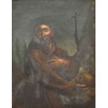 18TH CENTURY CONTINENTAL SCHOOL; oil on copper panel, St Francis of Assisi holding skull in