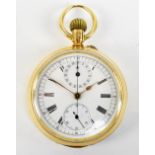 An 18ct yellow gold cased open face crown wind pocket watch, the circular enamelled dial set with