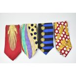 VERSACE; a 100% silk blue and gold logo tie, a V2 by Versace 100% multi-coloured tie, a Fornasetti