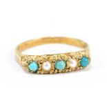 A 9ct yellow gold five stone turquoise and cultured pearl ring, size Q, approx 2.3g.Additional