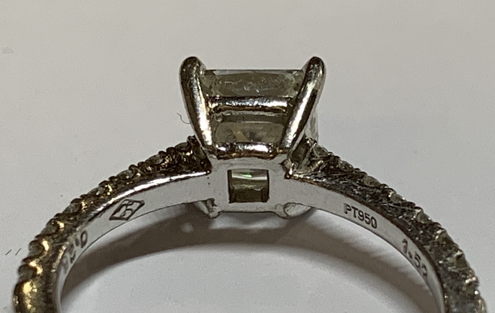 A platinum and diamond solitaire ring with central princess cut diamond weighing 1.52cts, with - Image 4 of 5