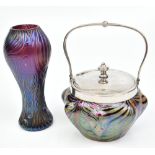 KRALIK; a late 19th century lobed and veined iridescent glass biscuit barrel with plated mounts