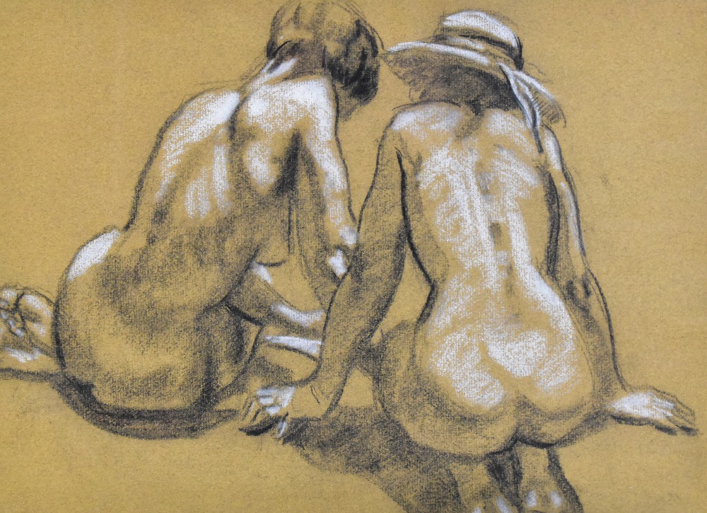 JACK HARTERT (1922-1975); chalk and charcoal sketch, 'Two Girls Reading', artist's identification