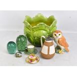 BRETBY; a green glazed floral moulded jardinière, 24 x 29cm (af), a Beswick owl model number 1046, a