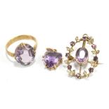 An 18ct yellow gold ring set with pale purple central stone, a similarly decorated pendant/brooch