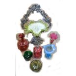 A mixed group of glass including Art Nouveau basket centre piece with WMF style silvered metal