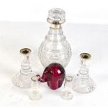 B.R.S; a George V cut and faceted glass decanter with hallmarked silver collar, Sheffield 1927,