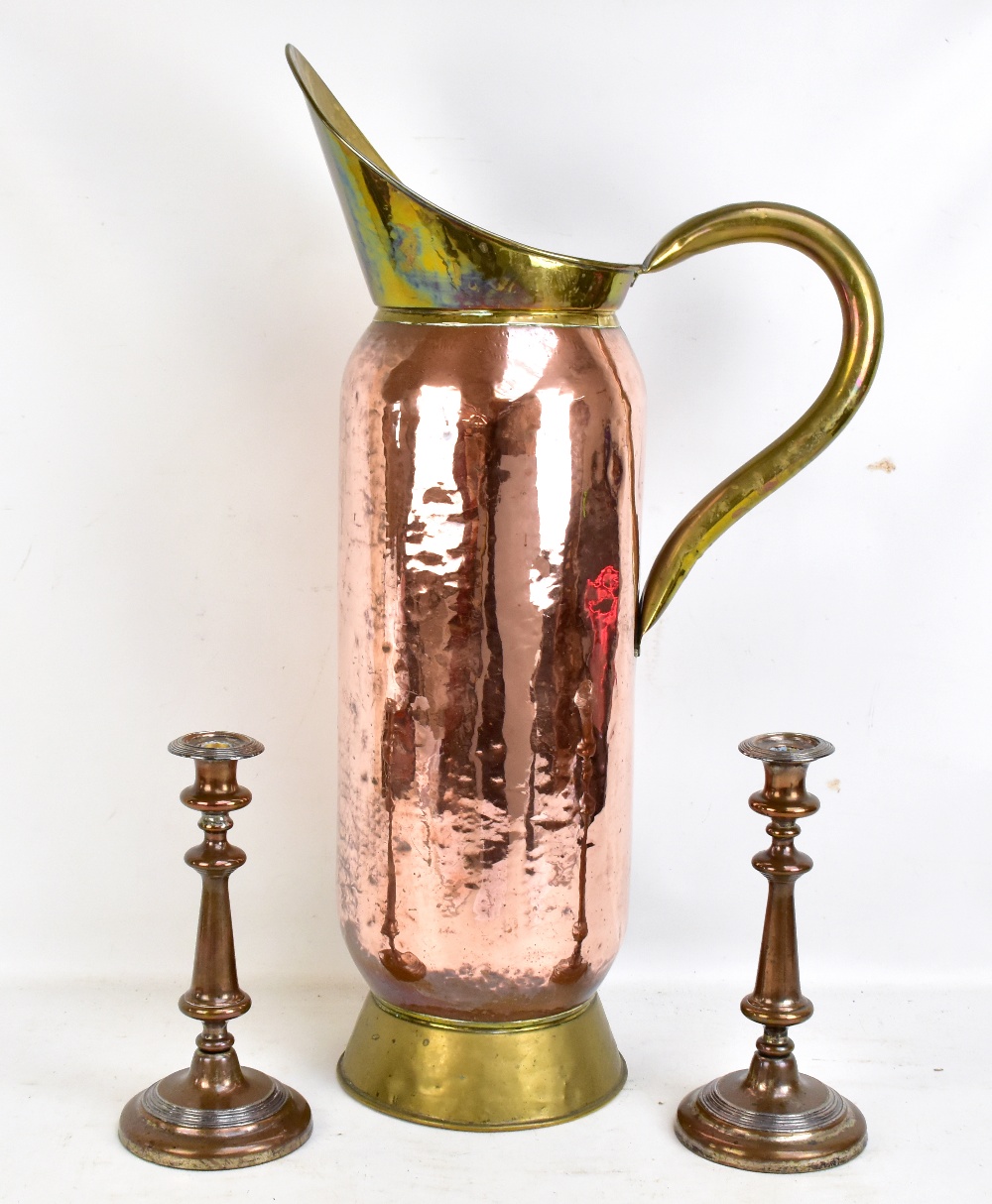 A large brass and copper stick stand, height approx 74cm, and a pair of 19th century electroplated