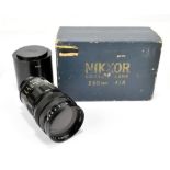 NIKKOR; a boxed Nikkor-Q 1:4 F=25cm lens, no.277598, with original guarantee card from New York.