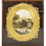 A 19th century ornate gilt frame with inset print, encased in mahogany glazed frame, 42 x 37cm.