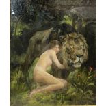 JOHN TRIVETT NETTLESHIP (1841-1902); oil on canvas, 'A Forest Witch', nude girl with a male lion,