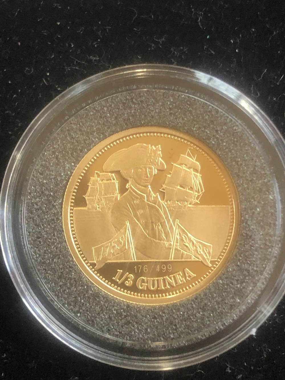 A Tristan Da Cunha Trafalgar 1/3 guinea, 22ct gold, proof, approx 2.8g, encapsulated and cased - Image 4 of 7