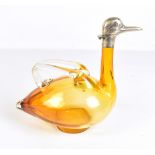 A 1930s Czech amber and clear glass ewer modelled in the form of a duck with silver plated mounts,