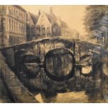 UNATTRIBUTED; charcoal sketch, Bruges, indistinctly signed and dated 1948 lower right, 62 x 71.