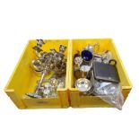 A group of electroplated items including five sconce candelabrum, cruet set, vase, dressing set