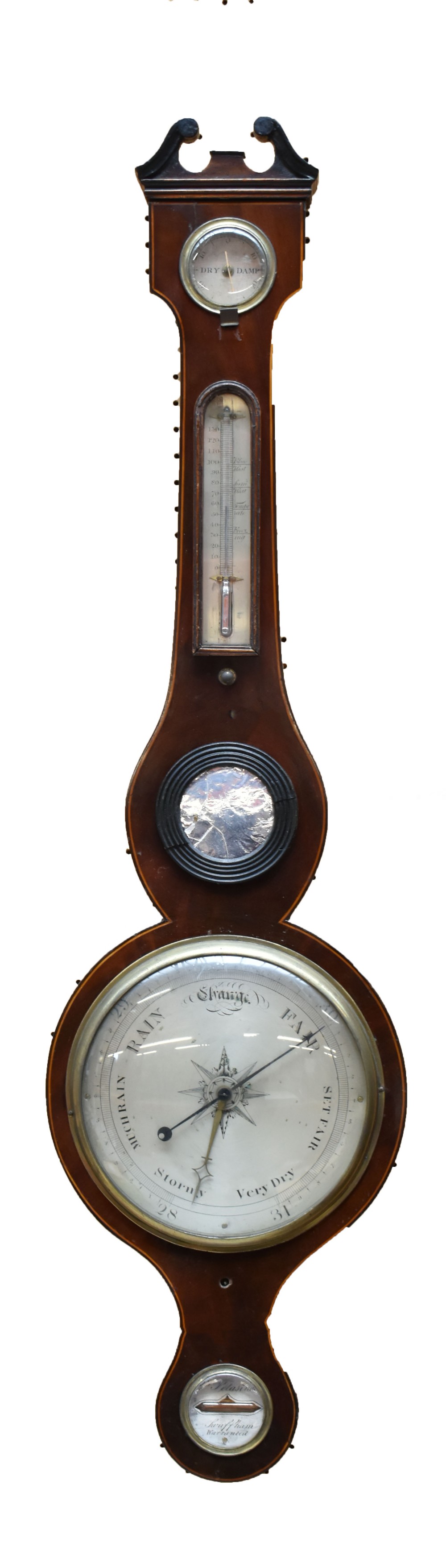 P PETASINO & CO; an Edwardian mahogany inlaid banjo barometer, with silvered dial, for