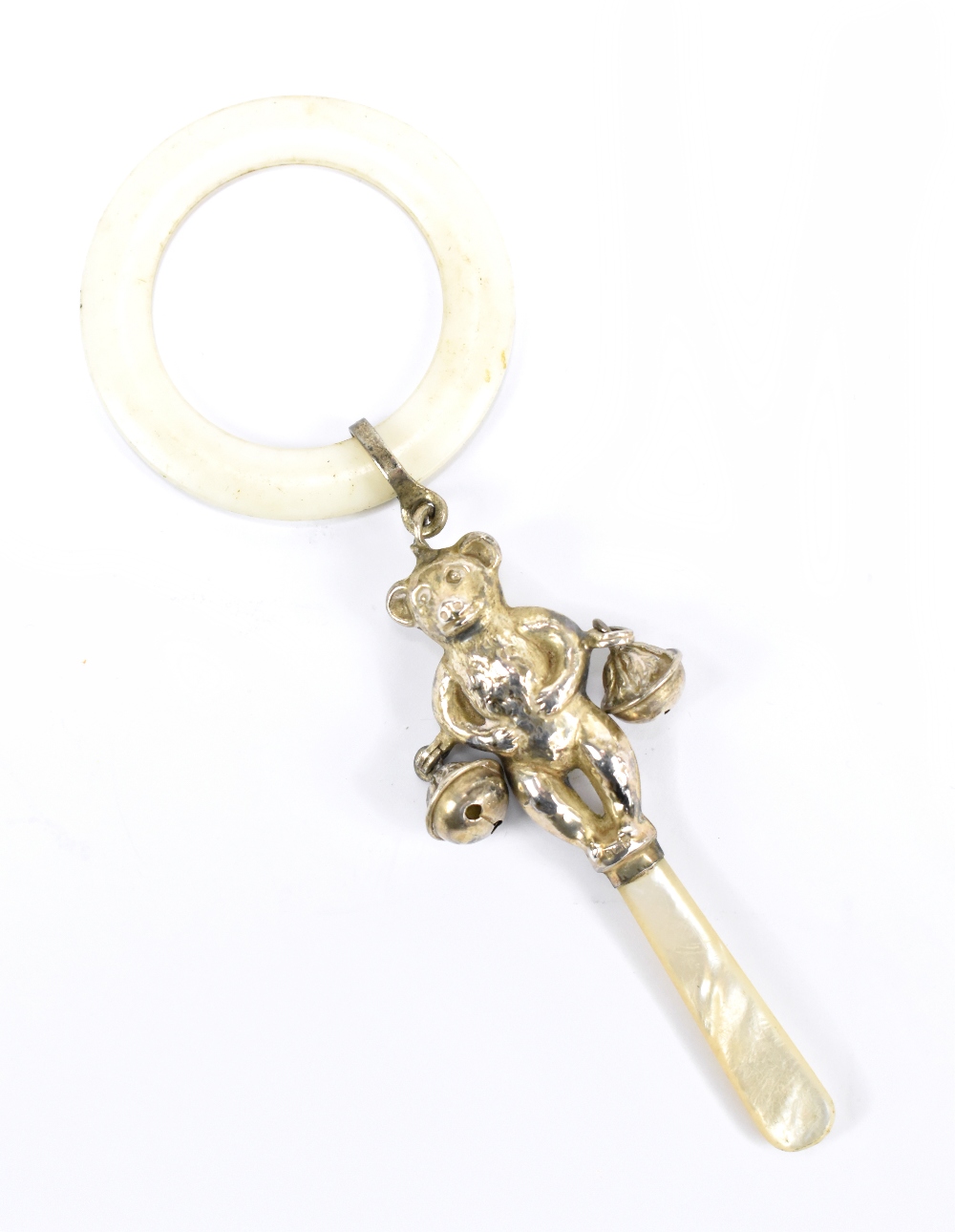 CRISFORD & NORRIS LTD; a George VI hallmarked silver child's rattle modelled as a double sided