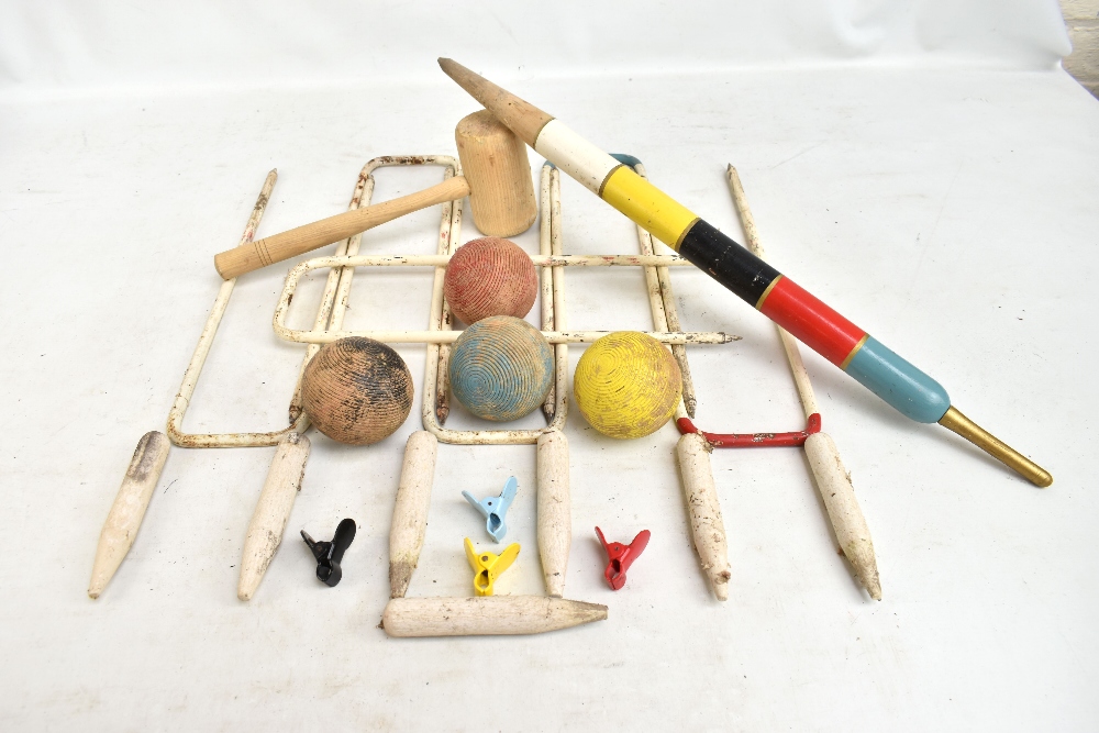 JAQUES; a vintage boxed croquet set with two additional distressed mallets. - Image 2 of 3