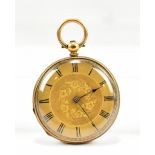 An 18ct yellow gold open face key wind fob watch, the dial set with Roman numerals and engraved to