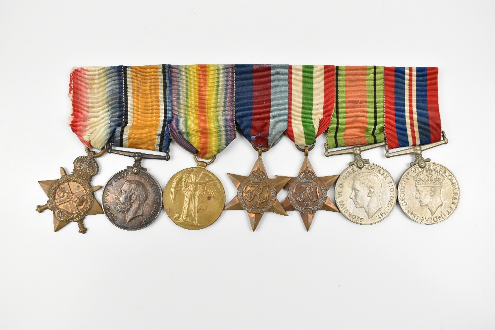 A WWI and WWII medal group of seven, the WWI trio awarded to 10525 Pte. W.J. Roberts Cheshire