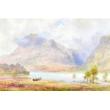 ATTRIBUTED TO HENRY BOWSER WINBUSH; watercolour, highland loch with single figure launching boat