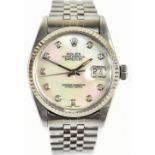 ROLEX; a gentleman's stainless steel Oyster Perpetual Datejust wristwatch, the mother of pearl