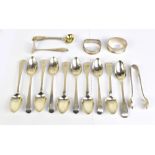 A group of variously hallmarked silver including teaspoons, cruet spoons, a pair of sugar tongs, a