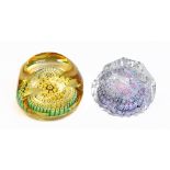 WHITEFRIARS; two faceted glass paperweight, each with Millefiori decoration, each signed with Monk