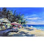 CSILLA ORBAN (Hungary, b.1961); acrylic on canvas, 'Beach Bar in Barbados', exotic beach scene,