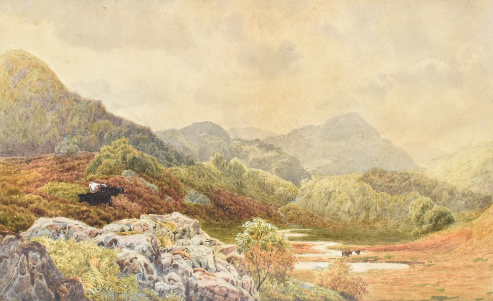 PETER GHENT (1857-1911); watercolour, highland scene with cattle, signed lower left, 23 x 38.3cm,