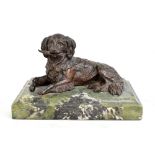 A late 19th century French bronze inkwell modelled as a dog with feather in its mouth and with